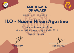 Mahasiswi HI UPNVJ Raih Penghargaan sebagai Honorable Mention pada IYLMUN 2021