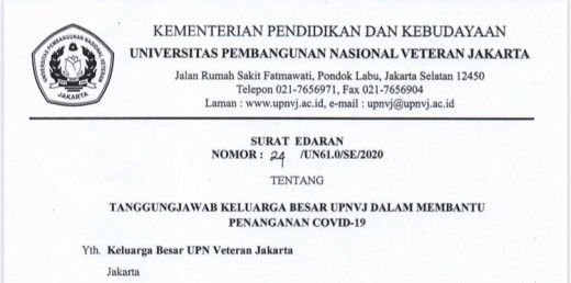 Surat Edaran Upnvj Tentang Tanggungjawab Keluarga Upnvj Dalam Bantu Penanganan Covid 19 Upn Veteran Jakarta